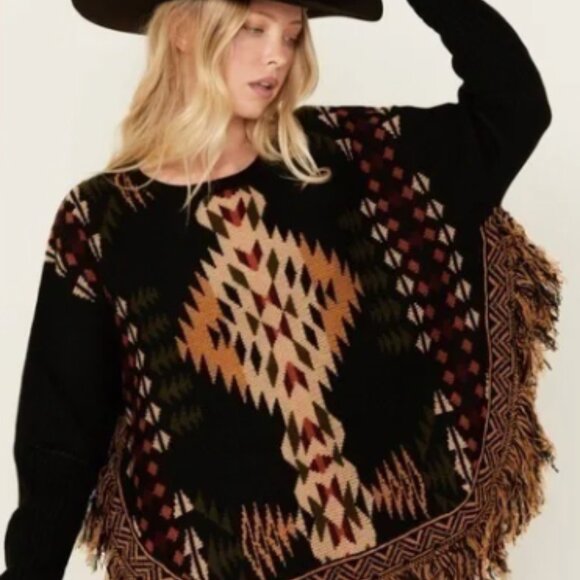 Cotton & Rye Outfitters Sweaters - Cotton & Rye Reno Fringe Poncho w/ Sleeves